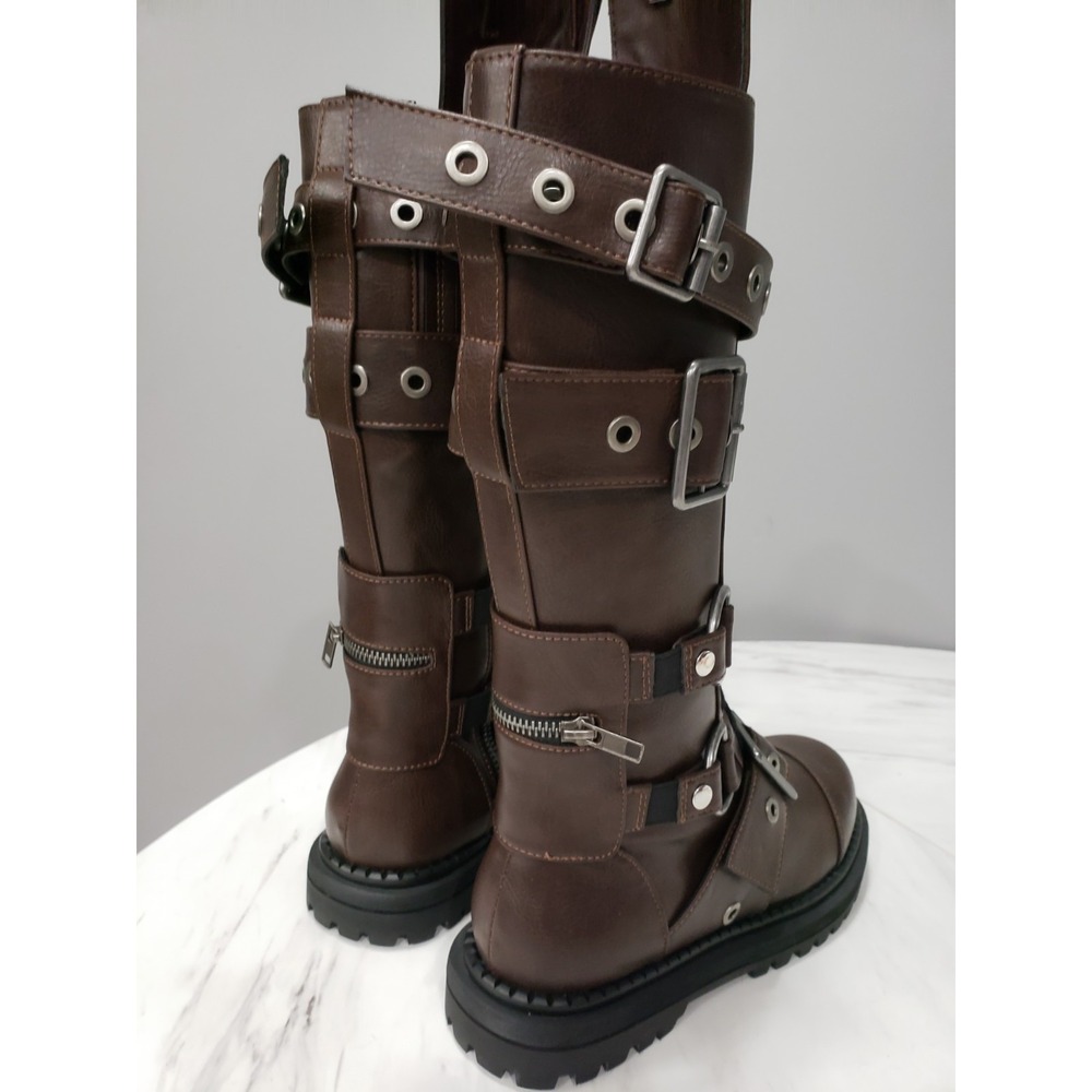 SIZE 9 Dolls Kill Club Exx COMBAT BOOTS STEAMPUNK cyberpunk gothic strappy brown - Picture 11 of 16